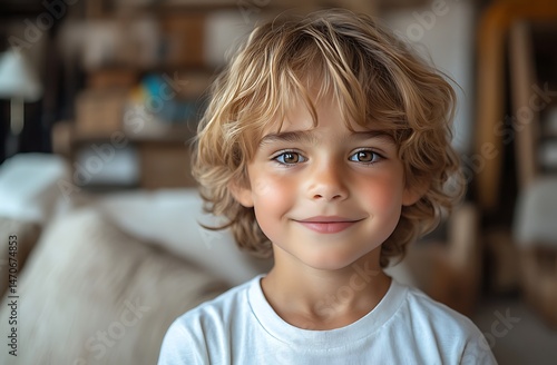 Child with Curly Blonde Hair Wearing White T-Shirt Sitting Indoors with Cozy Blurred Background of Furniture and Decor

