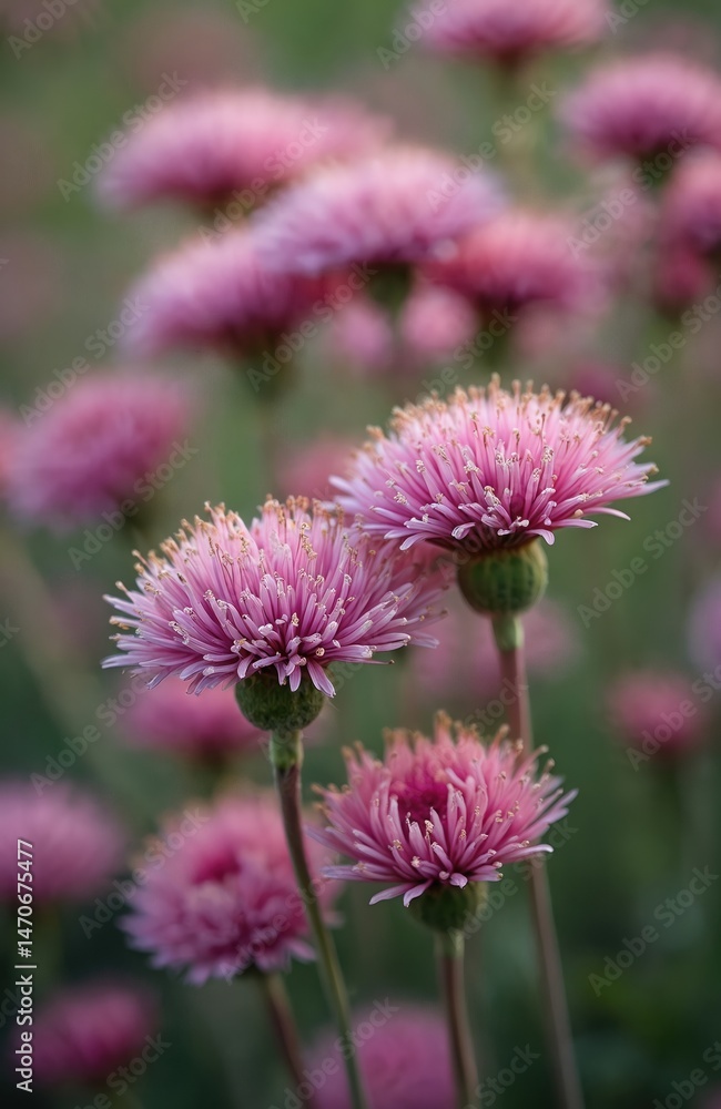 Fototapeta premium Close-up of blooming wild carrot flowers Daucus carota. Dark pink, purple tones in meadow or garden with green bokeh background. Unusual floral, nature botanical scene. Summer, spring seasons.