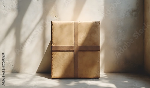 Neatly Wrapped Brown Package with Simple Ribbon on Light-Stone Floor, Casting Soft Shadows

