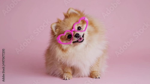 Adorable pomeranian puppy poses with pink heart glasses on soft pink background