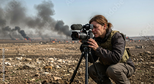 War journalist kneeling and photographing a distant conflict zone  