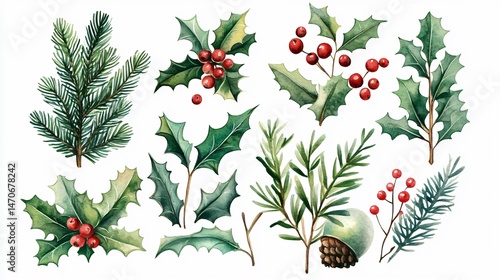 Wallpaper Mural Elegant Watercolor Christmas Holly Evergreen Elements for Festive Designs Torontodigital.ca