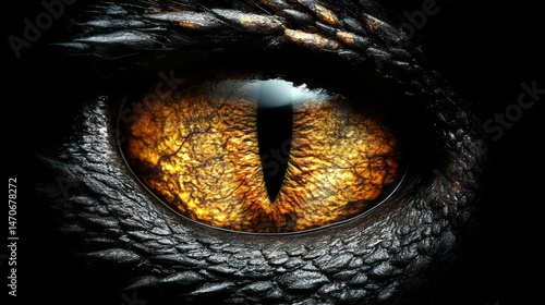 Close-up view of a golden dragon eye with intricate scales.