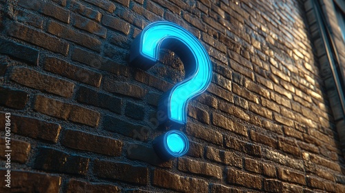 A luminous neon blue question mark glows against a textured brick wall, creating a sense of mystery.