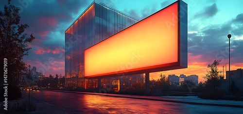 Modern Building with Large Glowing Orange Billboard at Sunset Surrounded by Trees and Clear Sky

