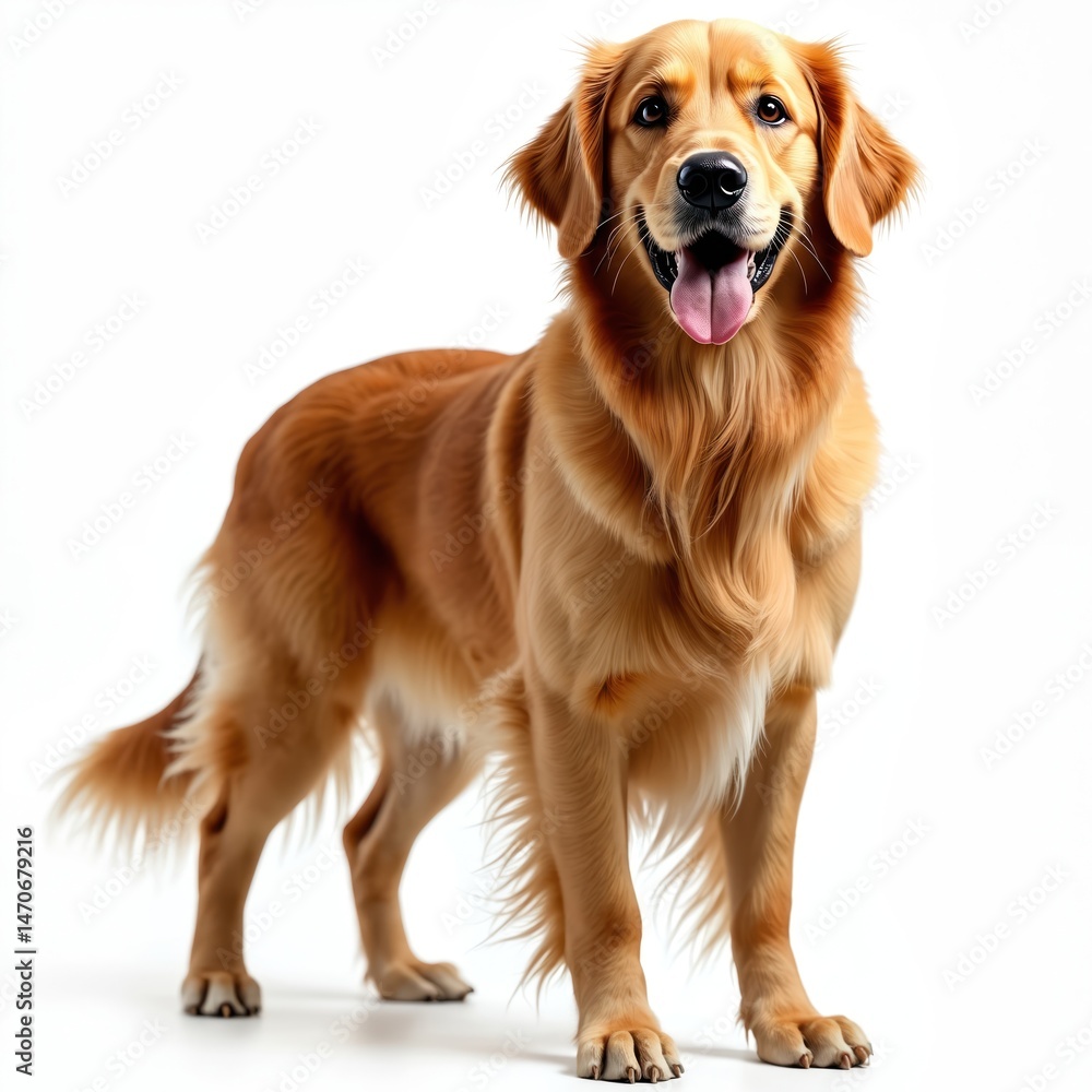 Obraz premium Golden Retriever dog isolated on white background. Standing, full-body portrait. Cute, friendly, furry pet, smiling with tongue out. Happy domestic animal, pet, companion, puppy. AI generated image.