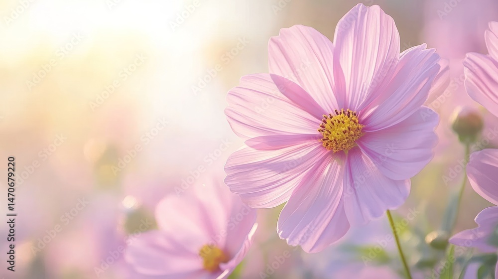 Fototapeta premium Delicate pink cosmos flowers in soft sunlight
