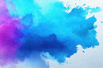 Abstract watercolor painting background with vibrant blue, turquoise, and purple hues, creating a dreamy and ethereal texture on textured paper surface, artsy illustration.
