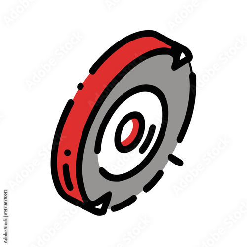 Grinding wheel icon, modern style, red and grey colors, industrial tool design, copy space