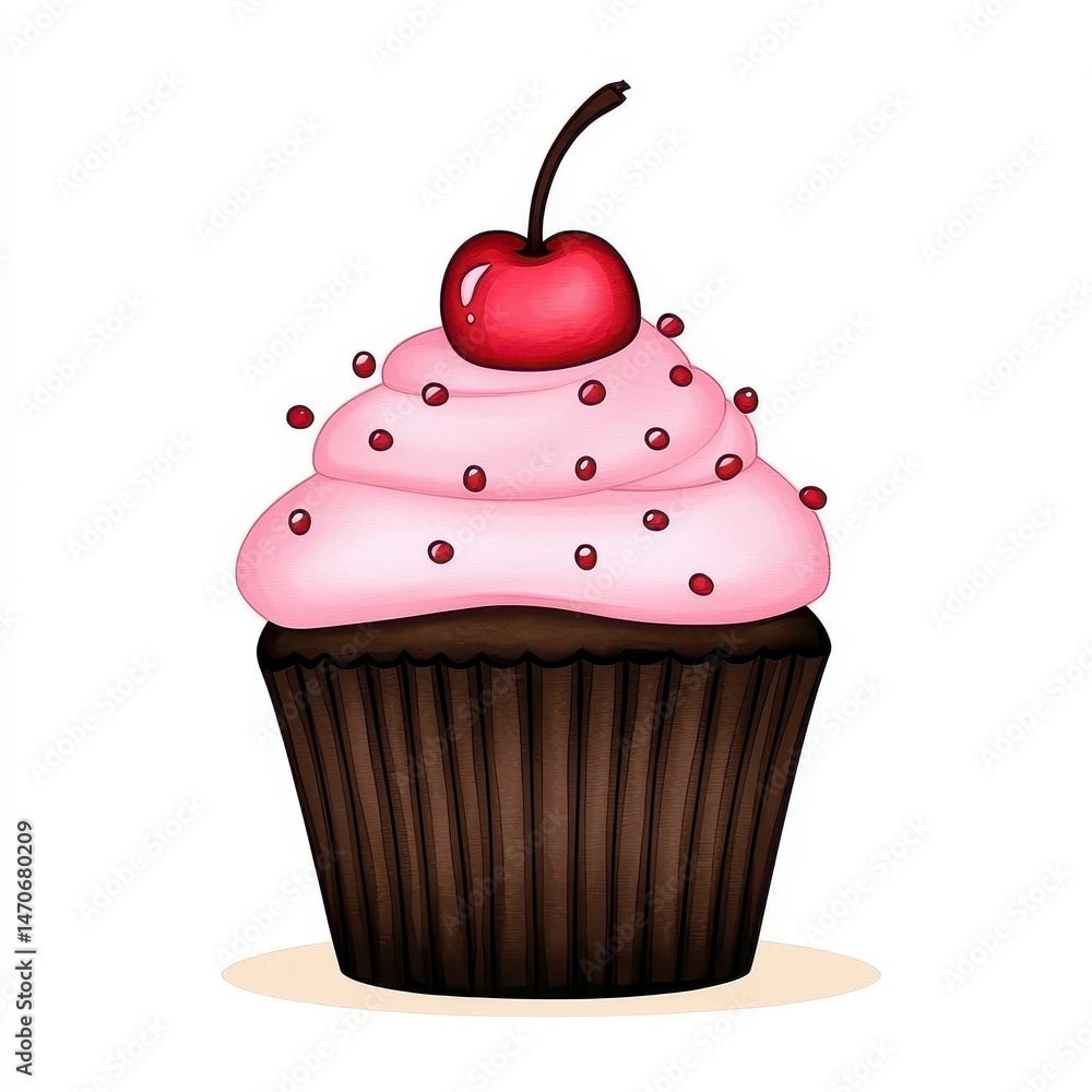 Pink Frosted Chocolate Cupcake with Cherry Topping Pink Frosted Chocolate Cupcake with Cherry Topping