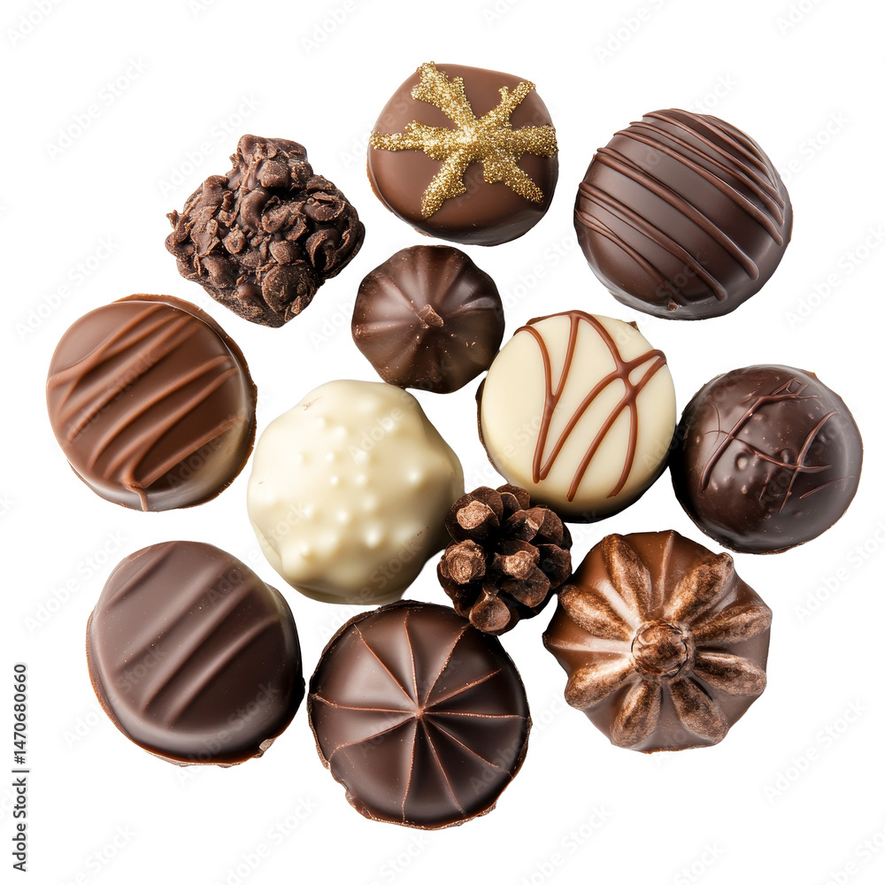 Fototapeta premium Delicious assortment of Christmas chocolates displayed on a transparent background, perfect for festive celebrations during the holiday season, Christmas Chocolate Isolated on transparent background