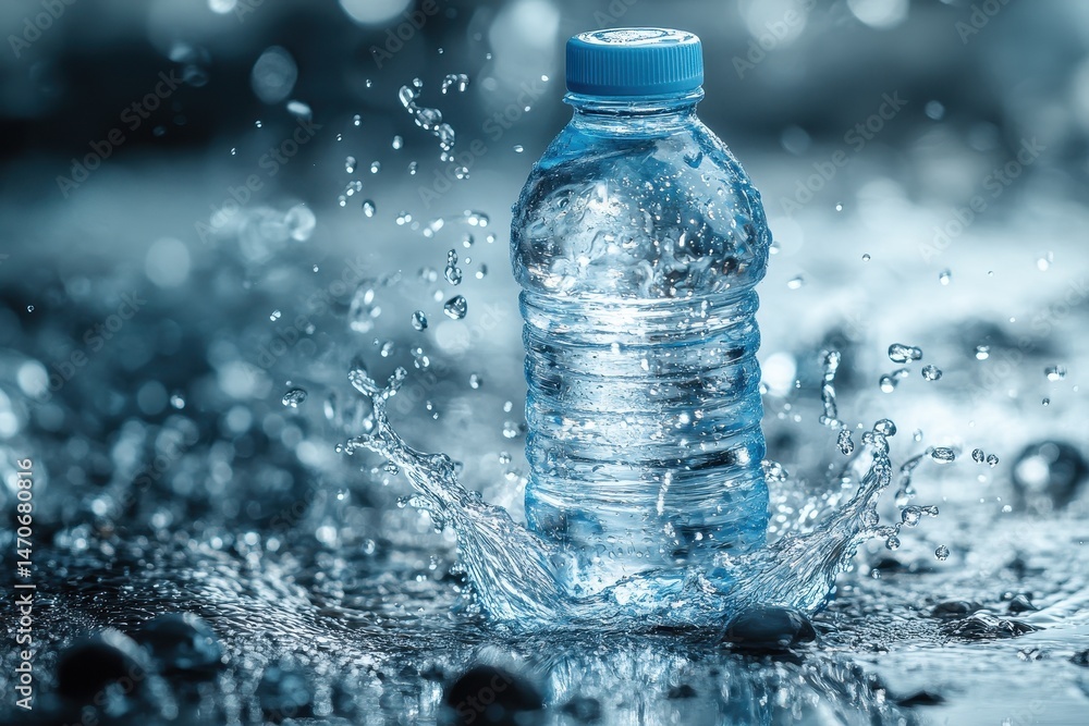 Plastic water bottle surrounded by splashing water. Plastic water bottle surrounded by splashing water.