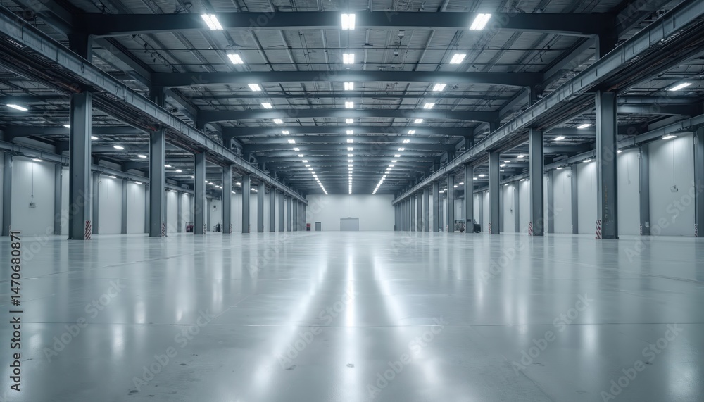 Fototapeta premium Empty industrial warehouse with polished flooring, bright overhead lighting. Modern distribution center storage facility. Large spacious area for logistical operation. Empty commercial building for