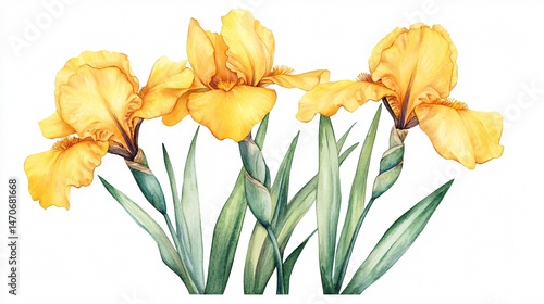 Vibrant Watercolor Yellow Irises - Beautiful Flowers Isolated