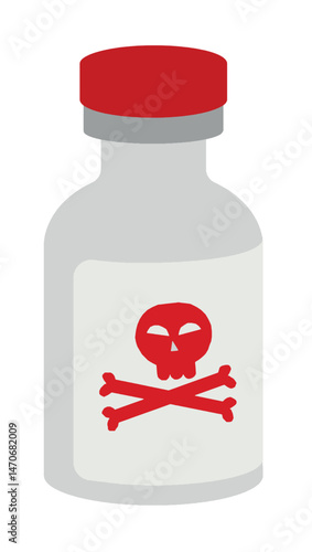 High Risk Drugs. Glass vial medicine with red poison symbol on it. Warning sign, skull danger sign. Deadly danger, dangerous syrup, intravenous or intramuscular drug. Vector illustration.