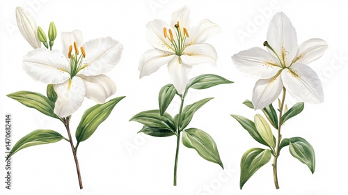 Elegant White Jasmine and Lilies Flowers on Isolated Background for Floral Design Projects