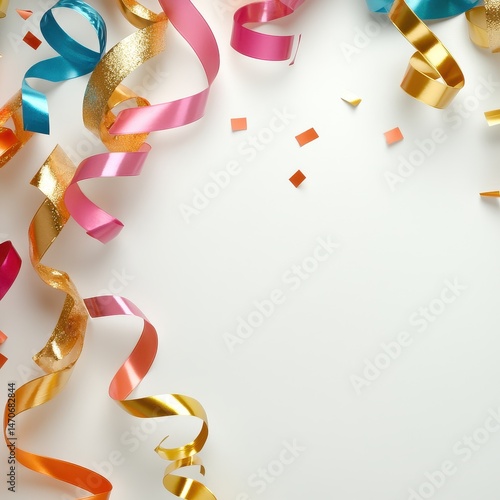 Colorful Decorative Ribbons and Confetti on a Clean White Background for Celebrations