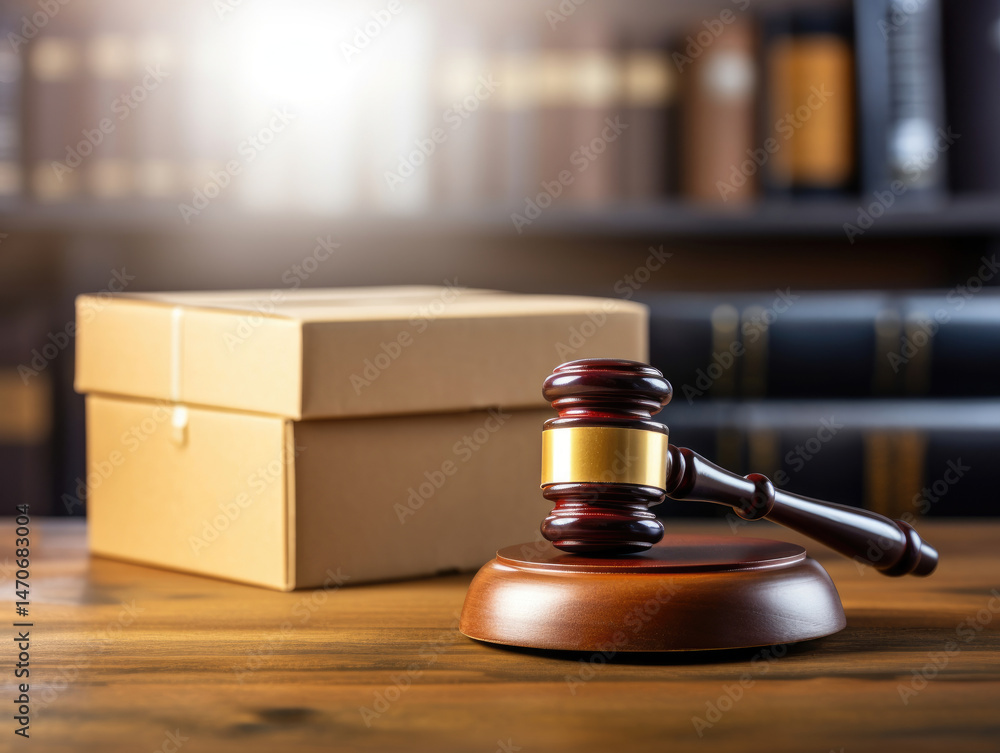 Gavel and boxes on wooden table in library setting Gavel and boxes on wooden table in library setting
