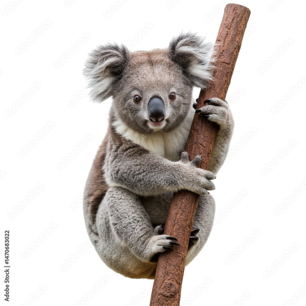 Obraz premium Fluffy koala with round ears clinging tightly to a sturdy tree branch, isolated on transparent background