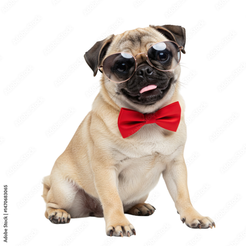 Fototapeta premium Adorable pug wearing sunglasses and a red bow tie with tongue sticking out slightly, isolated on transparent background