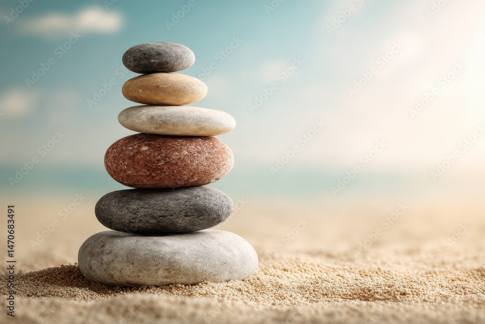 Fototapeta premium A stack of smooth stones balanced on a sandy beach against a blurred sky, evokes feelings of tranquility, balance, and mindfulness in a zen-like composition.