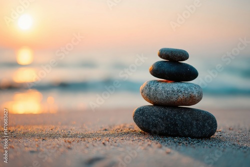Fototapeta Naklejka Na Ścianę i Meble -  A calming image of a balanced stack of stones on a sandy beach during a sunset, symbolizing peace, harmony, and a zen lifestyle with a blurry sea background.