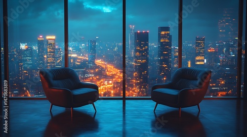 Two Modern Chairs Facing City Skyline at Night with City Lights Through Glass Window

