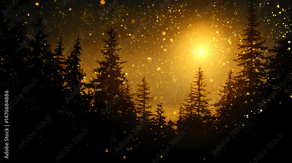 Naklejka premium Silhouette of golden light burst in dark scene. [Crystalline Wilderness] | Topaz Wilderness | golden burst. Illustration
