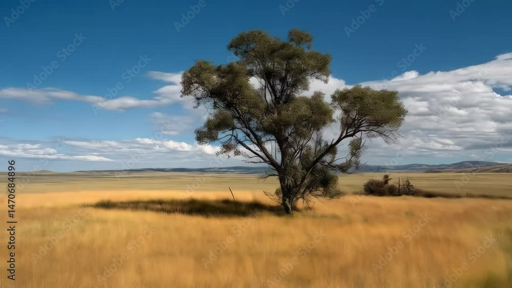 Open field landscape with tall dry grass, large tree, dirt road, and rolling hills under a blue sky with puffy white clouds Open field landscape with tall dry grass, large tree, dirt road, and rolling hills under a blue sky with puffy white clouds