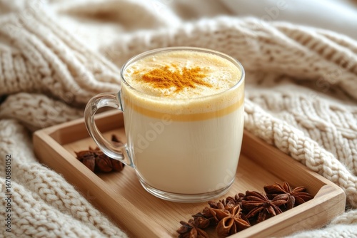 Cozy autumnal beverage in a glass mug.