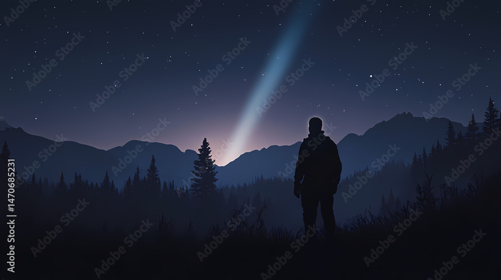 Fototapeta premium Silhouetted figure at night, celestial beam. [Crystalline Wilderness] | Starcrystal Pines | celestial glow. Illustration