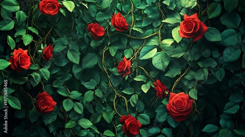 Lush, vibrant roses entwined in a dark, green foliage.