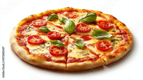 Deliciously garnished pizza with tomato slices and fresh basil.