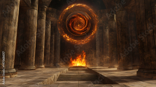 Mysterious ancient temple with cosmic vortex and fiery altar. [Vortex Temples] | Infinite Steeple | unending rise. Illustration