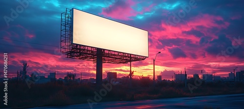 Empty Billboard Against Vibrant Sunset Sky with Dramatic Pink and Blue Clouds

