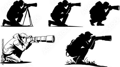Silhouette of Wildlife Photographers Crouching with Telephoto Lens vector set  – Nature Photography Vector for Safari, Exploration, Adventure, and Outdoor Documentary Themes – Transparent Background