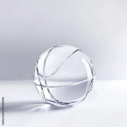Clear glass basketball sculpture with intricate design, illuminated in soft light, minimalistic background