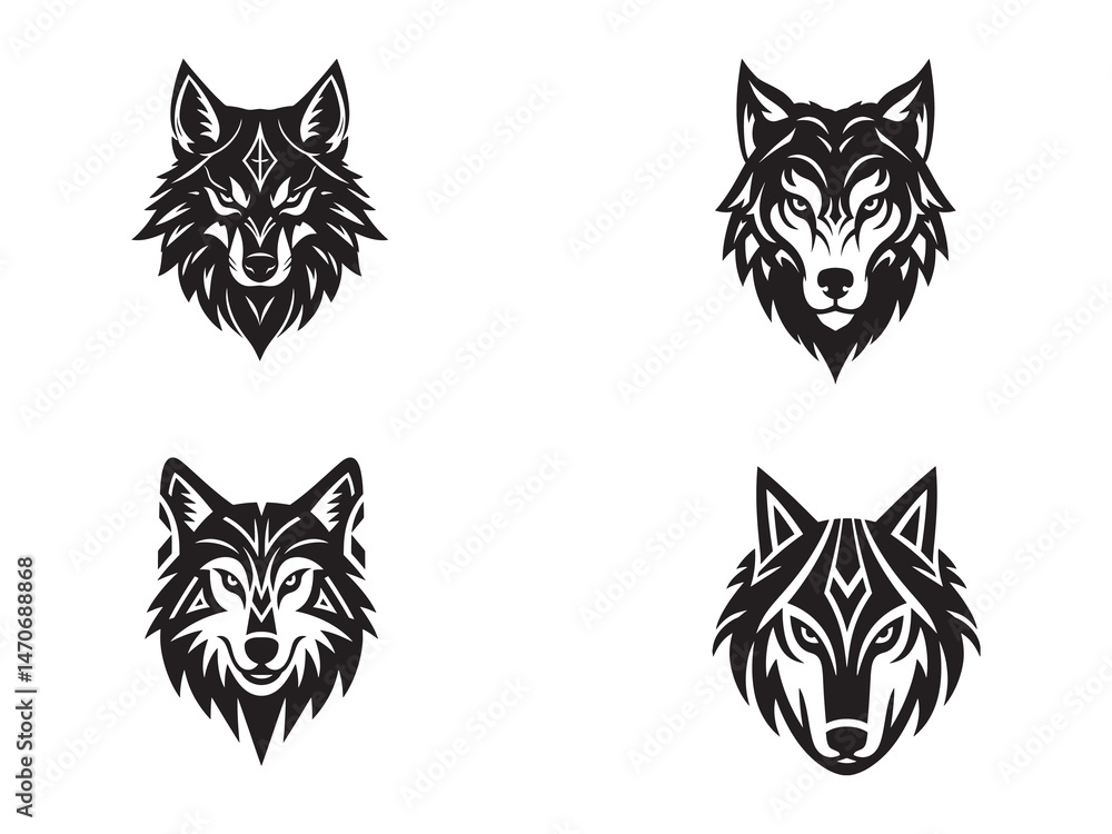 Fototapeta premium Wolf head silhouette set – fierce predator face icons