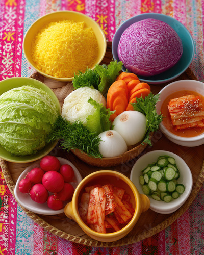Colorful variety of vegetables and pickled foods