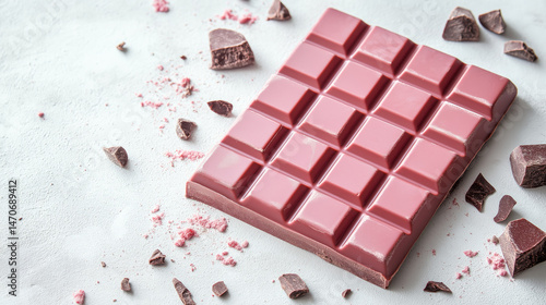 Pink chocolate bar on light surface