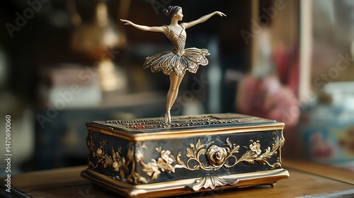 Ornate music box depicting a ballerina in graceful dance pose.