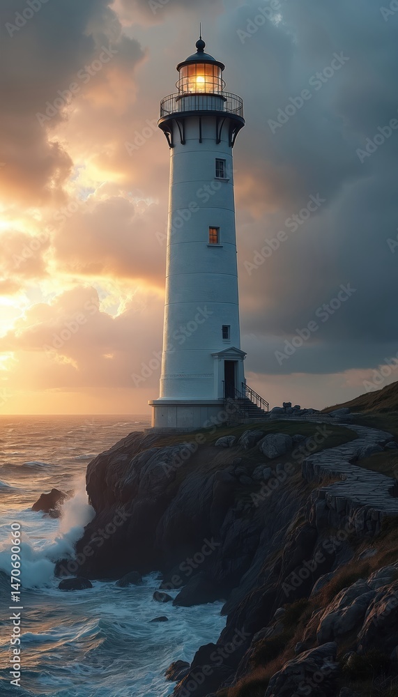 Lighthouse at sunset on rocky coast. Beacon of light guides ships through ocean storm. Dramatic sky, sea waves crash against rocks. Travel to ocean, adventure, freedom, path, hope. Lighthouse at sunset on rocky coast. Beacon of light guides ships through ocean storm. Dramatic sky, sea waves crash against rocks. Travel to ocean, adventure, freedom, path, hope.