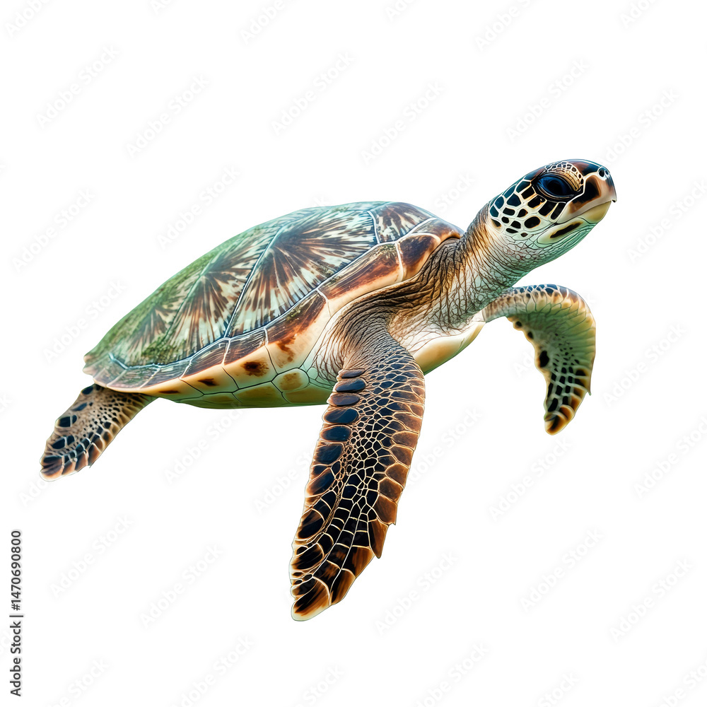 Fototapeta premium A turtle swimming gracefully in clear water against a transparent background in a tranquil setting, Turtle isolated transparent background