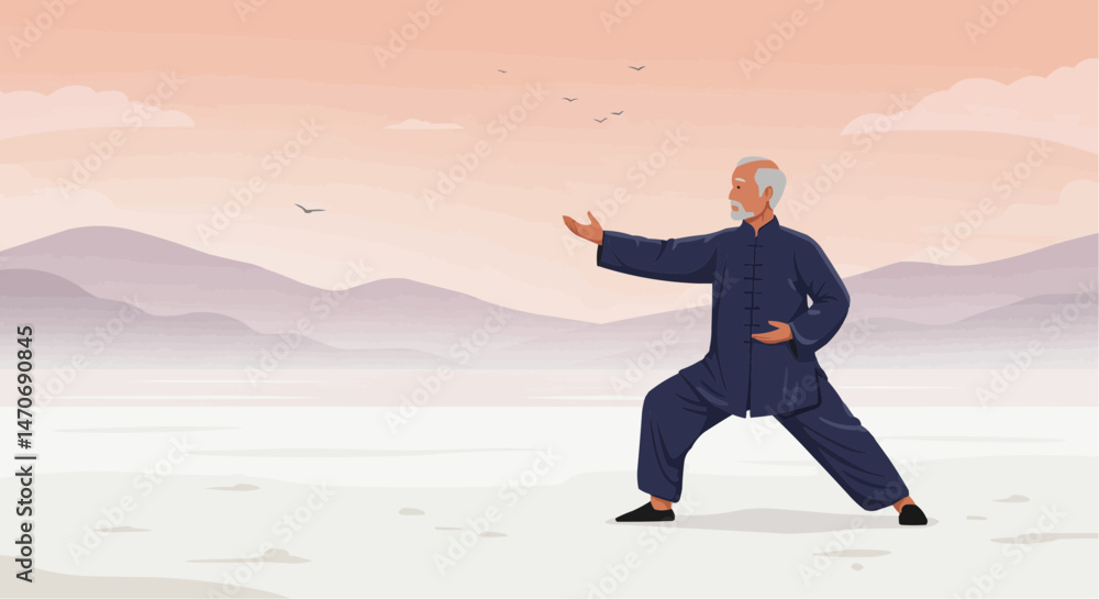 Obraz premium Elderly Vector Art - Man Practicing Tai Chi in Tranquil Landscape 