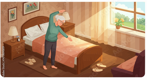 Elderly, Vector Art  - woman stretching in a cozy bedroom with natural light  
