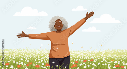 Elderly Woman Celebrating Joyfully in a Flower Field  