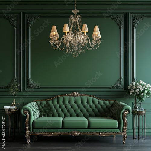 Luxurious emerald green living room with ornate furniture and chandelier.