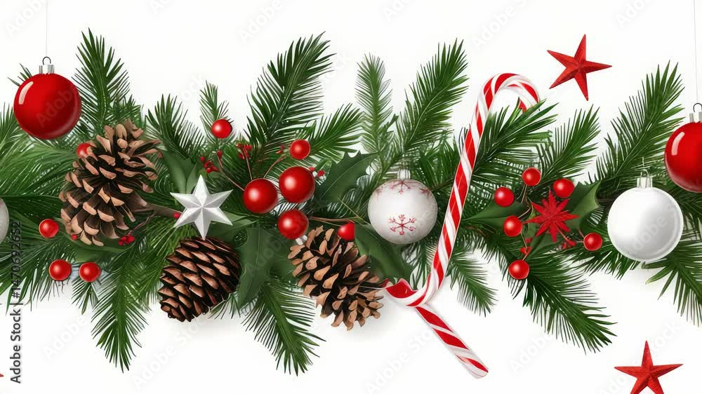Festive holiday border featuring an assortment of pine branches, various Christmas ornaments, a red and white candy cane, pinecones, holly, and red stars against a bright white backdrop. Festive holiday border featuring an assortment of pine branches, various Christmas ornaments, a red and white candy cane, pinecones, holly, and red stars against a bright white backdrop.