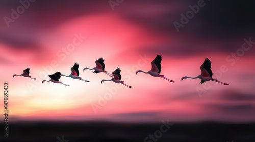 Flock of Flamingos in Flight Against a Stunning Sunset Sky with Vibrant Colors