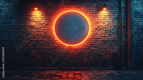Glowing Neon Orange Circle on Dark Brick Wall with Wall-Mounted Lights for Urban Branding

